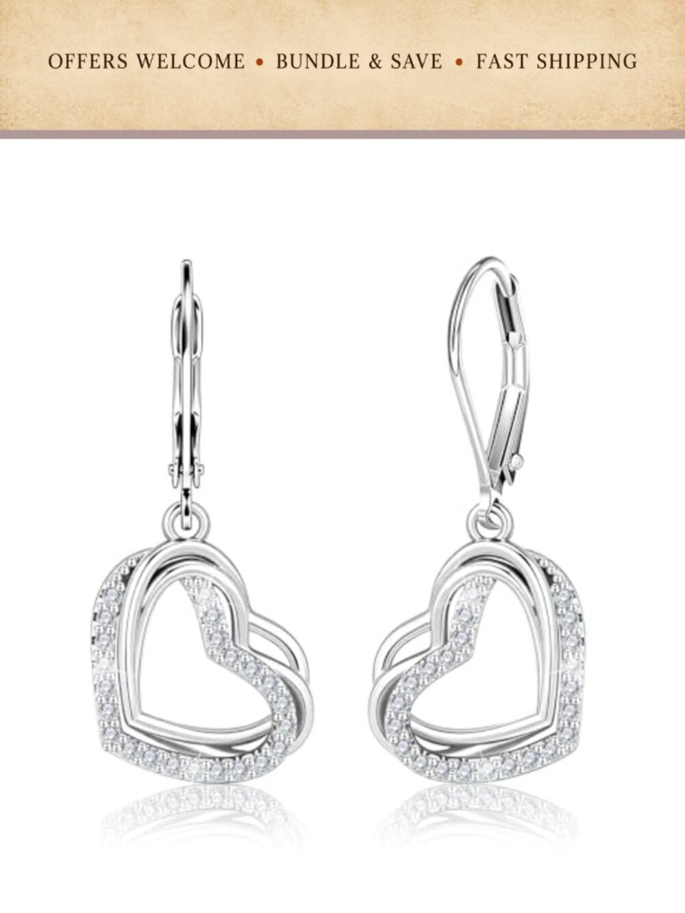 Sterling Silver Heart Dangle Earrings Cubic Zirconia Drop Leverback